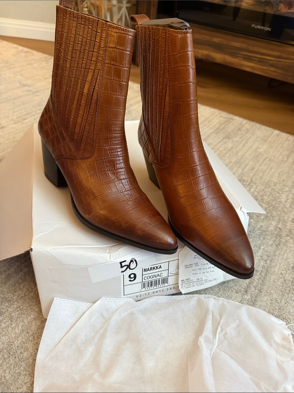 Journee Collection Cognac Croc-Embossed Pointed Ankle Boots